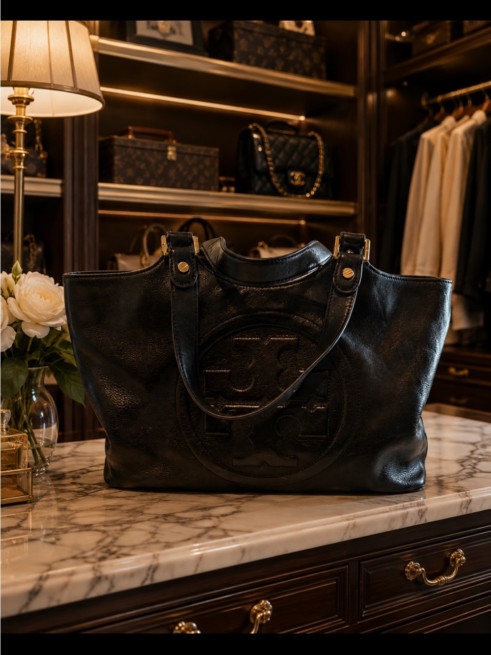 Tory Burch Bombe Black Leather Tote with Gold Hardware